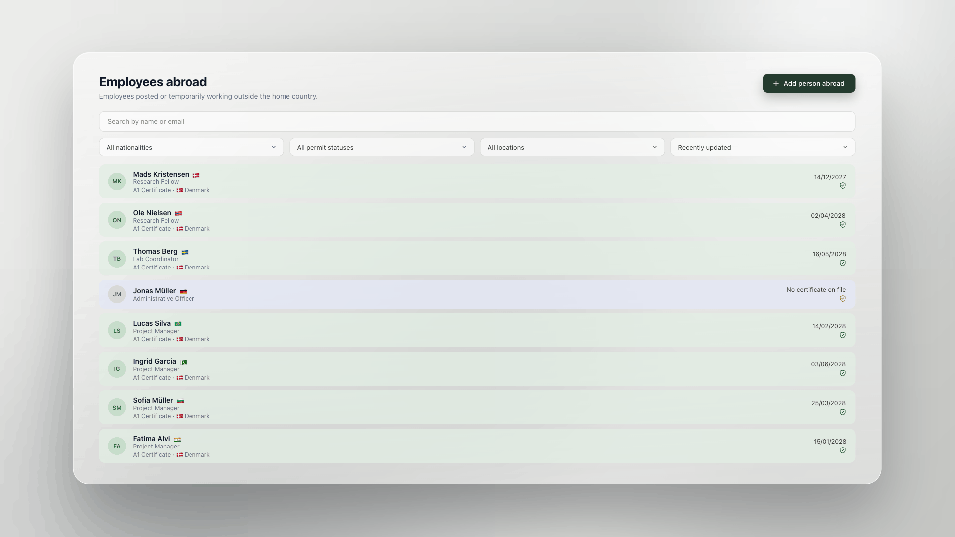 Dimmi employees abroad list with A1 certificate status per person