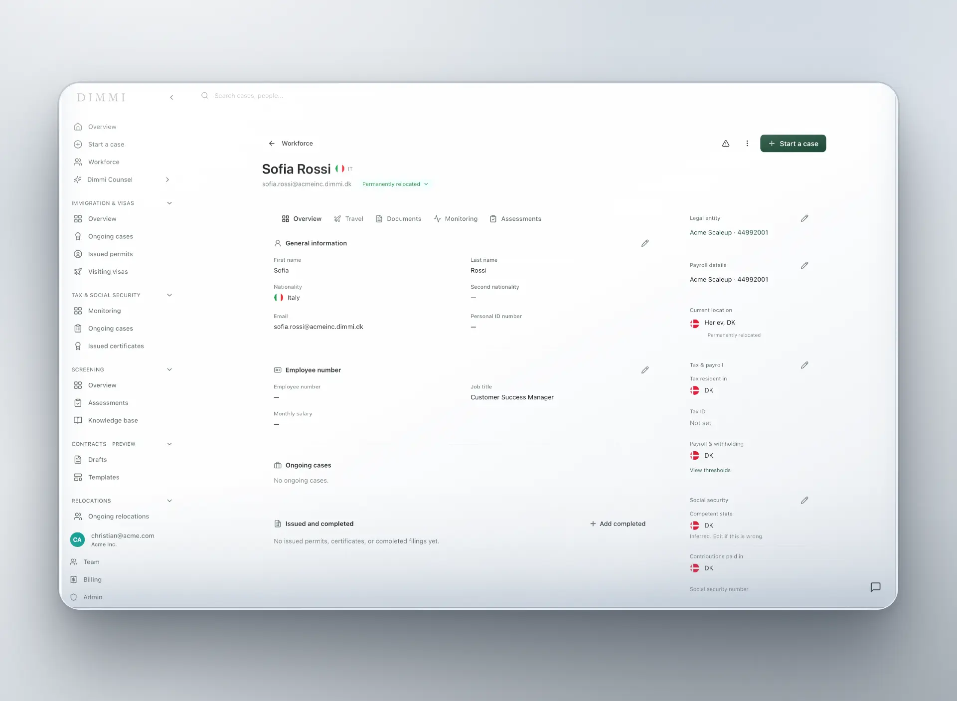 Dimmi aOS employee overview with general information, payroll, tax and social security details
