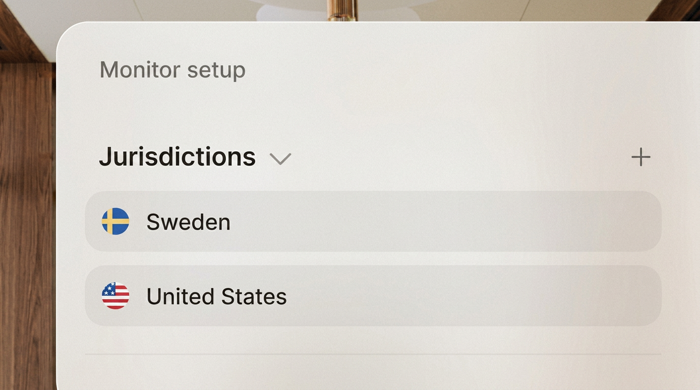Legislative monitoring setup showing Sweden and United States jurisdictions