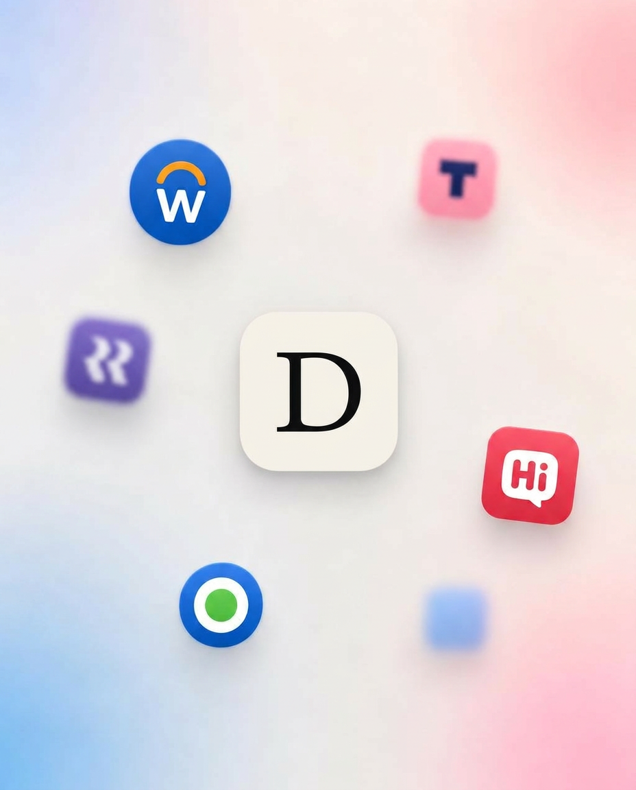 Dimmi aOS sparkle logo surrounded by floating HRIS app tiles — Workday, HiBob, TalentTech, RRR and Teamtailor — on a soft frosted background