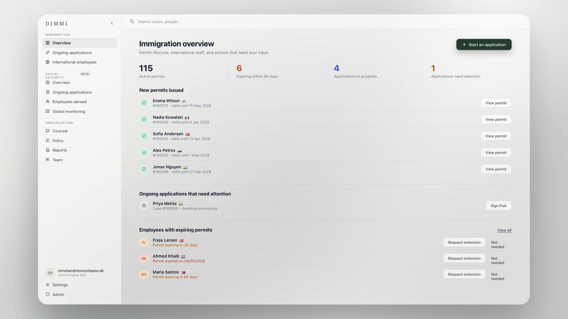 Dimmi full app mockup showing immigration overview with sidebar navigation