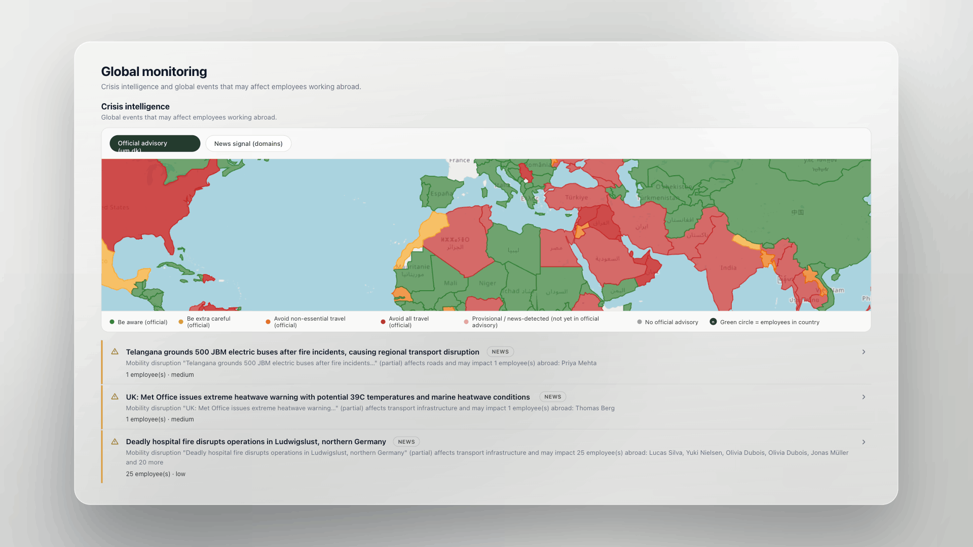 Dimmi global monitoring map with crisis intelligence and travel advisories