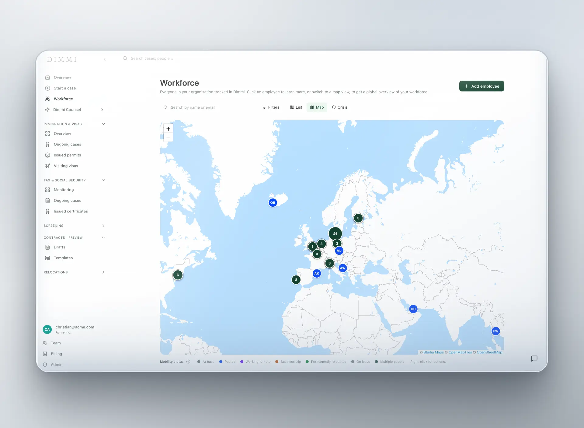 Dimmi aOS workforce map with employees plotted by mobility status across the world