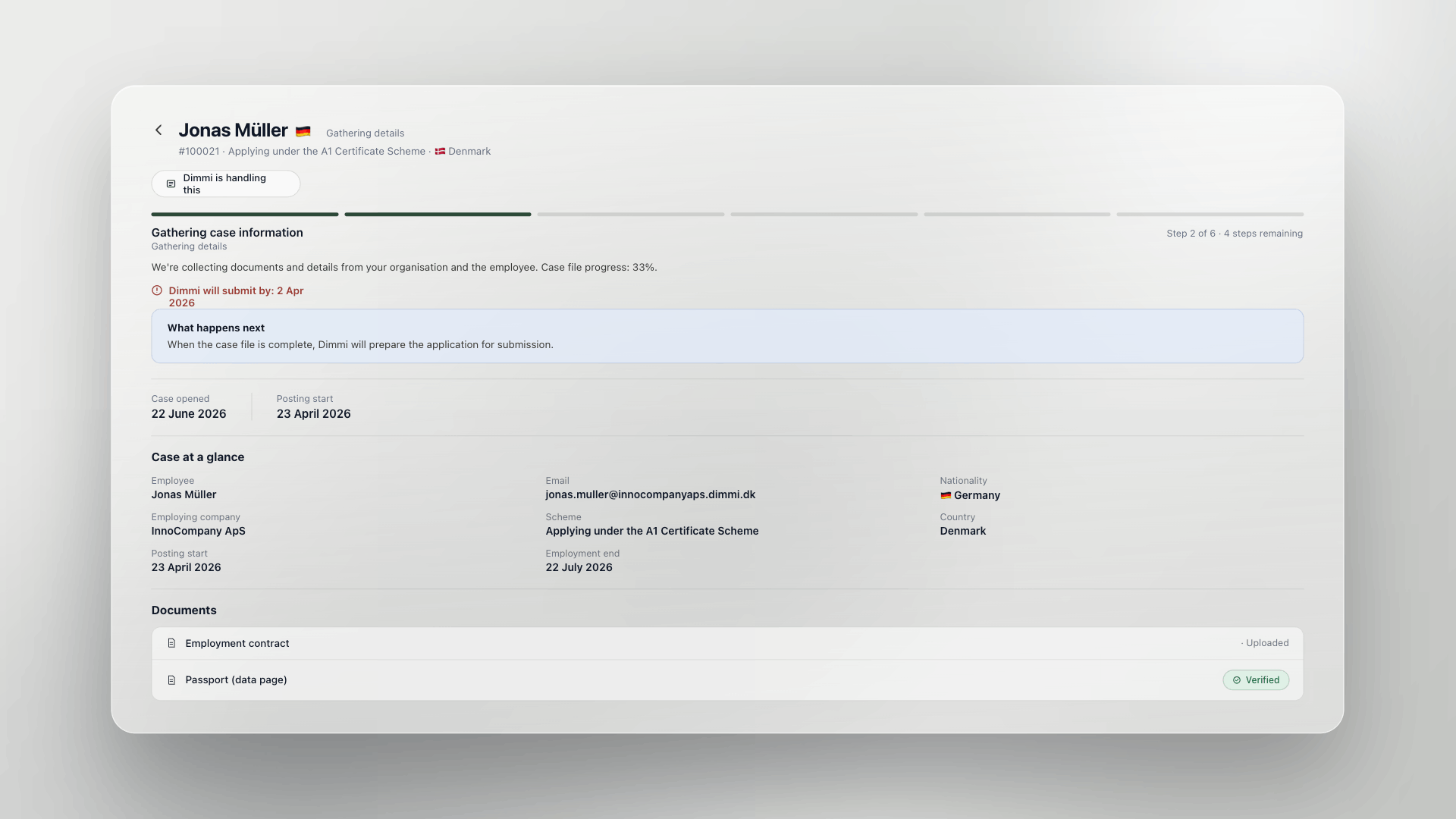 Dimmi case detail view with progress tracker, documents, and case-at-a-glance information