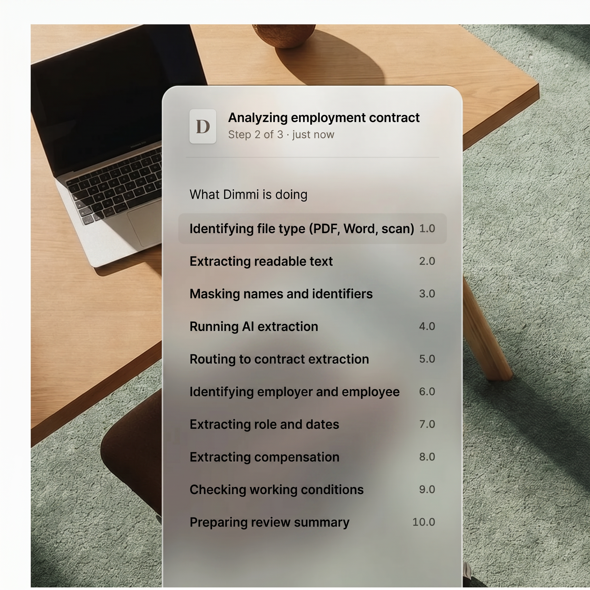 Dimmi aOS analyzing an employment contract