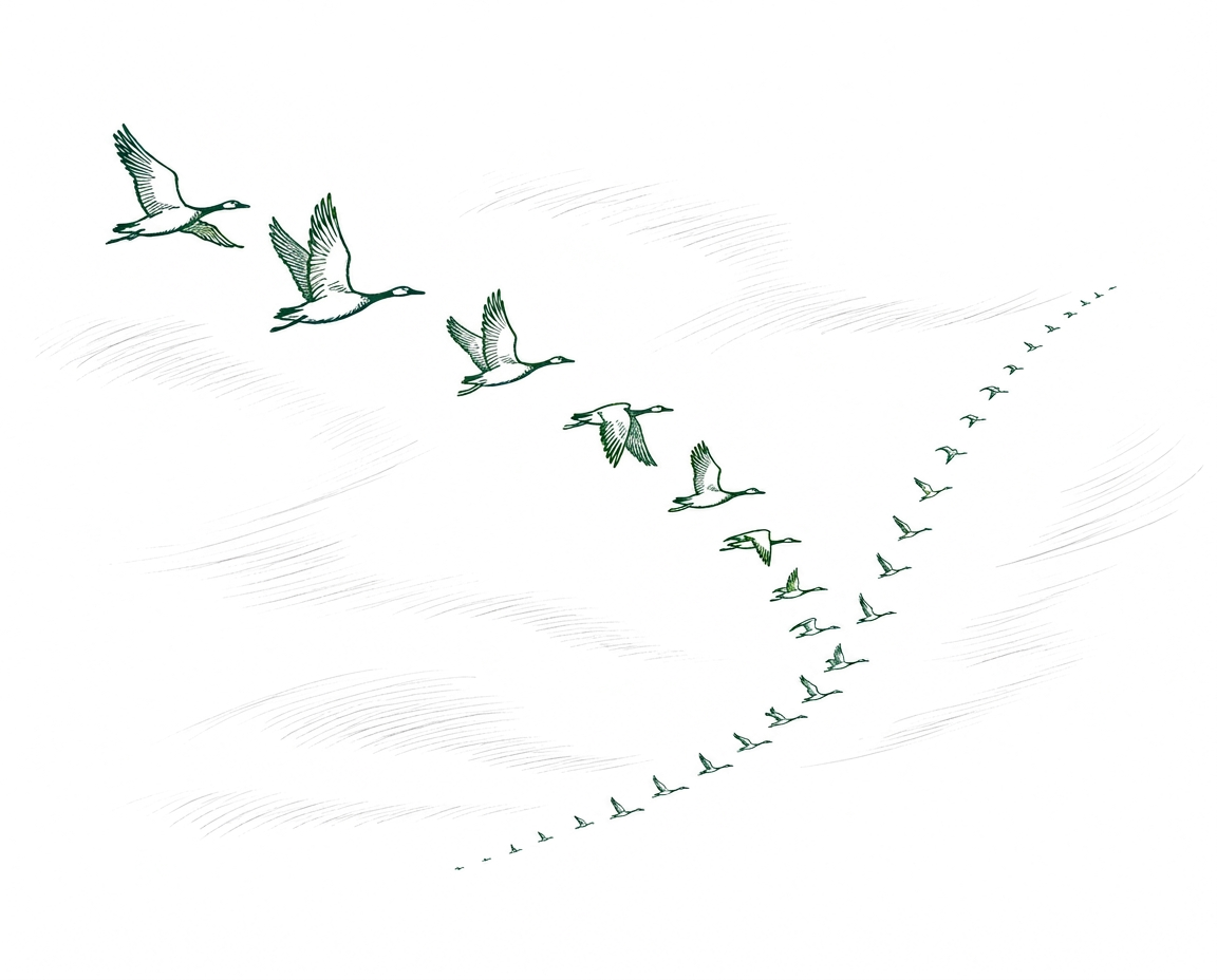 Line sketch of migratory birds flying in formation