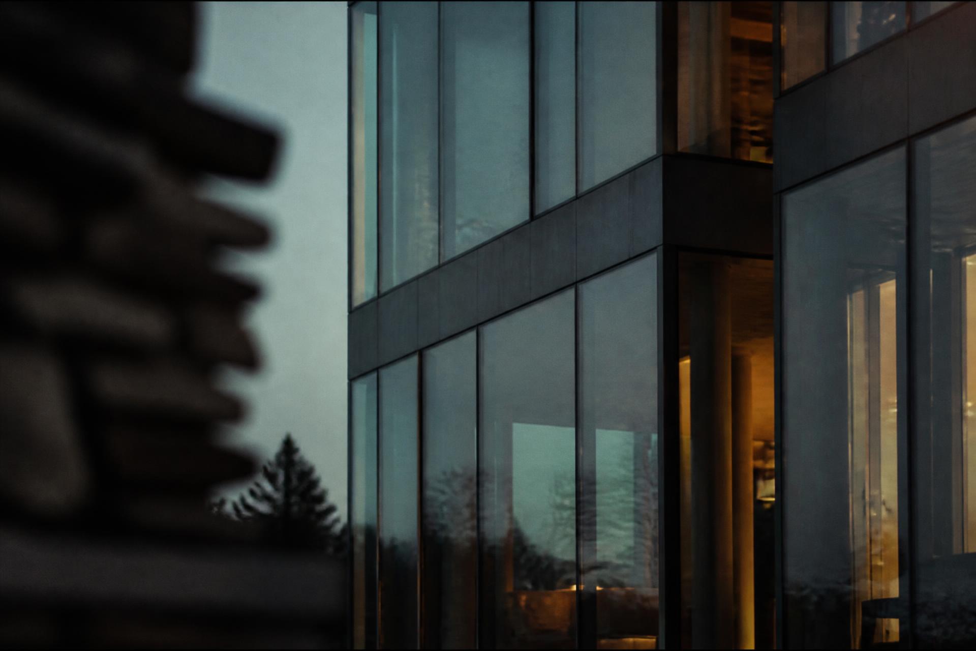 Modern Northern European office facade at dusk