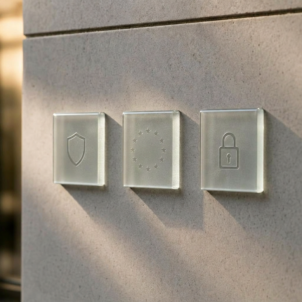 Three frosted glass app-icon tiles — shield, Dimmi sparkle, and padlock — on a sunlit warm concrete wall