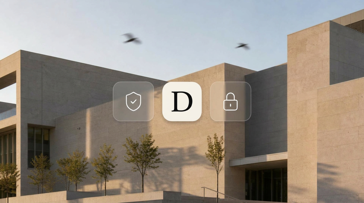 Modern stone civic building with frosted security tiles and birds in motion