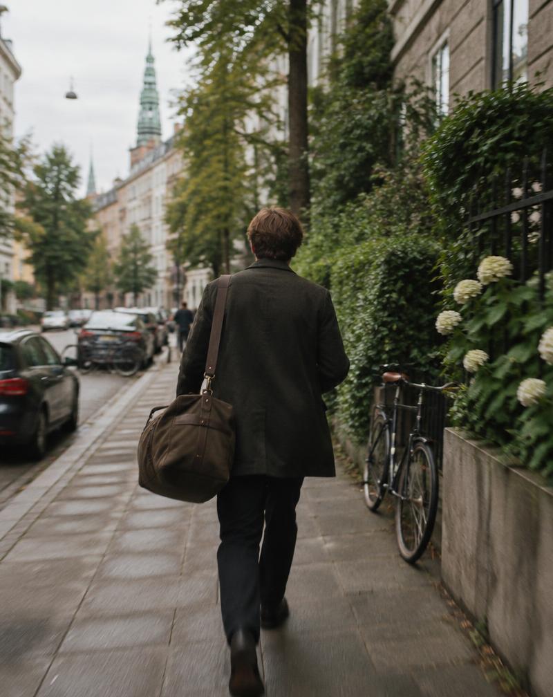 Man with a travel bag walking away down a green Copenhagen street, seen from behind
