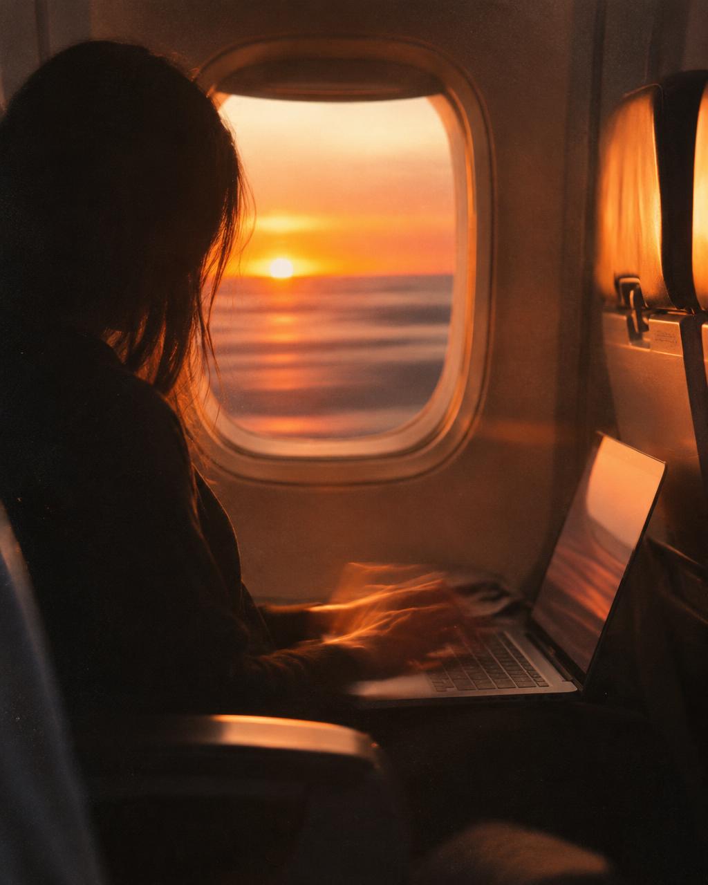 Woman in silhouette working on a laptop by an airplane window at sunset